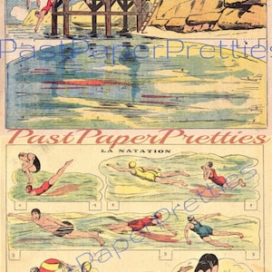 Könnte beinhalten: Eine Vintage-Illustration von Menschen, die im Meer schwimmen. Die Illustration ist in zwei Abschnitte unterteilt. Der obere Abschnitt zeigt Menschen, die von einem Holzsteg ins Wasser springen. Der untere Abschnitt zeigt Menschen, die in verschiedenen Schwimmarten schwimmen. Der Text "LA NATATION" steht oben auf der Illustration.