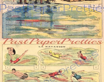 1920年代のヴィンテージ水泳・ダイビング・水場シーンの印刷可能なペーパークラフト。インスタントデジタルダウンロード。ミニチュア湖スイマーズジオラマプレイセット。