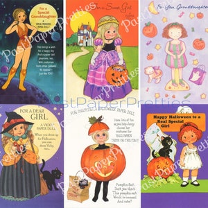 Cartões de felicitações de bonecas de papel de Halloween vintage, adoráveis meninas, doces ou travessuras, c. 1980, PDF, download digital instantâneo, coleção nº 2