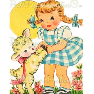 Immagine di una cartolina di Pasqua con bambina e agnello con codino, stampabile d'epoca, vestito a quadretti, anni '40 circa, download digitale istantaneo JPEG PNG 300 dpi