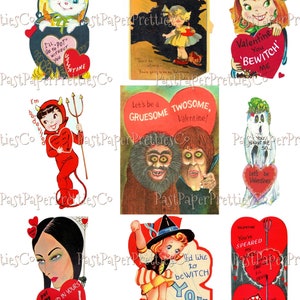May include: A collage of vintage Valentine's Day cards featuring a variety of spooky and whimsical characters. The cards feature illustrations of a devil, a witch, a ghost, and a monster. The cards are decorated with hearts, flowers, and other festive designs. The text on the cards includes phrases like "I'll go to pot without you", "Valentine you bewitch me", and "Let's be a gruesome twosome".