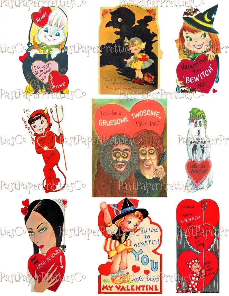 May include: A collage of vintage Valentine's Day cards featuring a variety of spooky and whimsical characters. The cards feature illustrations of a devil, a witch, a ghost, and a monster. The cards are decorated with hearts, flowers, and other festive designs. The text on the cards includes phrases like "I'll go to pot without you", "Valentine you bewitch me", and "Let's be a gruesome twosome".