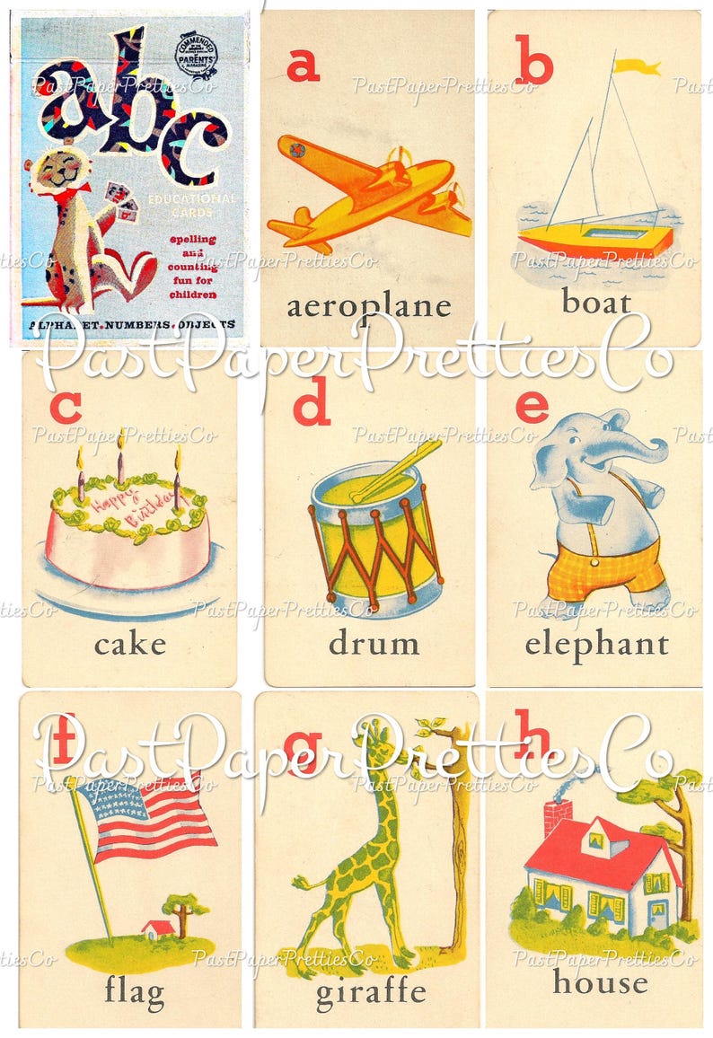 May include: A set of nine vintage educational flashcards featuring the alphabet, a picture of an object, and the word for the object. The letters are in red, the pictures are colorful, and the words are in black. The cards are in good condition with some wear and tear.