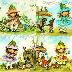 Ensemble d'images de carte postale imprimable Little Bonnie Blossom Flower Fairy Girl et Forest Friends c. 1976 Téléchargement numérique instantané 300 dpi