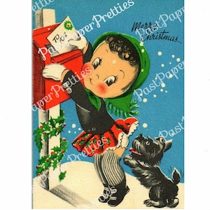 Vintage carte de Noël imprimable Sweet Big Eyed Girl et image de chien Scottie Retro des années 1950 en téléchargement numérique instantané Kitsch vacances Clip Art