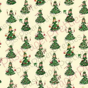 Carta da regalo stampabile retrò vintage Albero di Natale Ragazze Collage Foglio Download digitale istantaneo Carta da regalo kitsch Design carino Anni '40