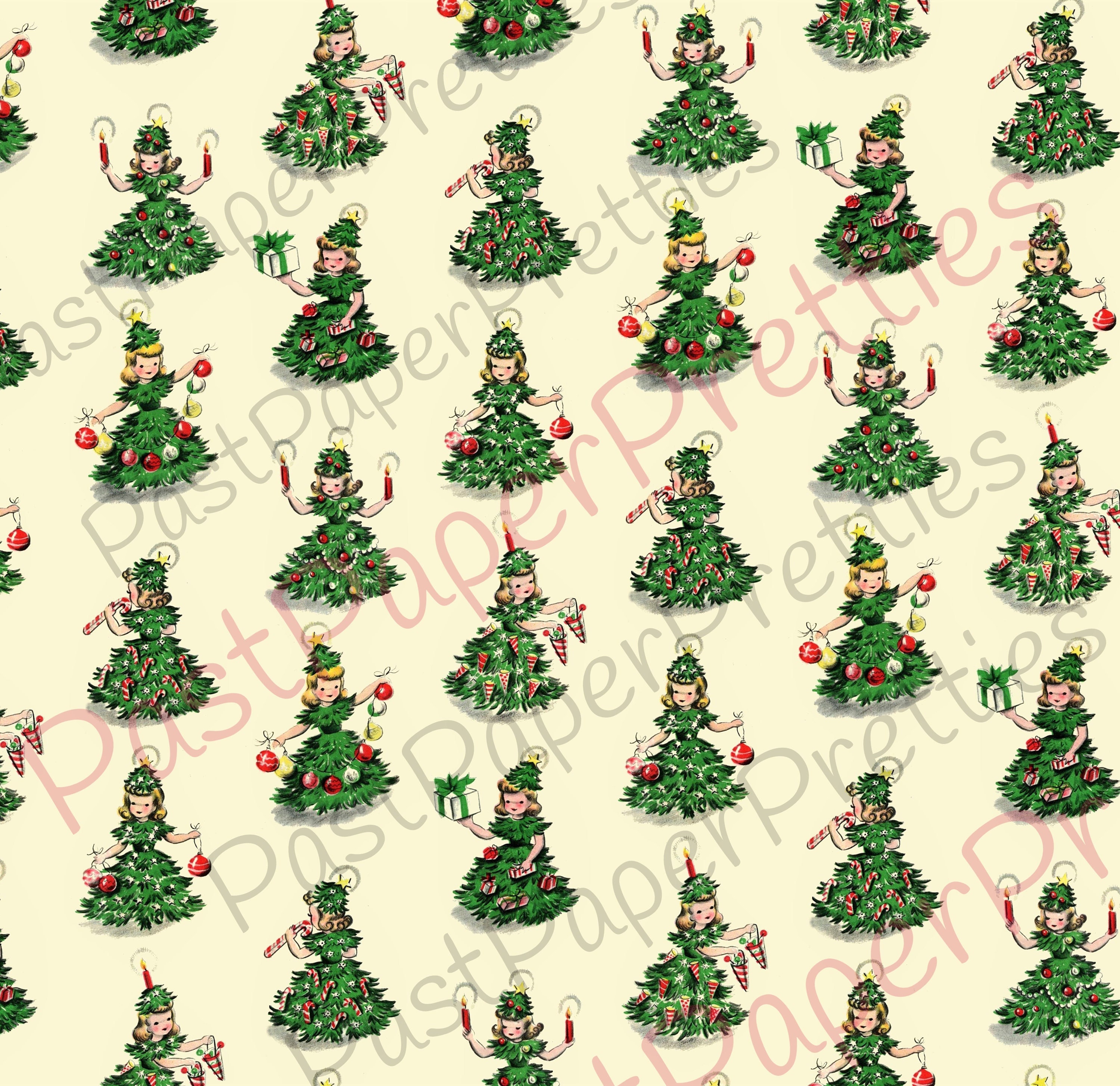 vintage retro printable gift wrap christmas tree girls collage
