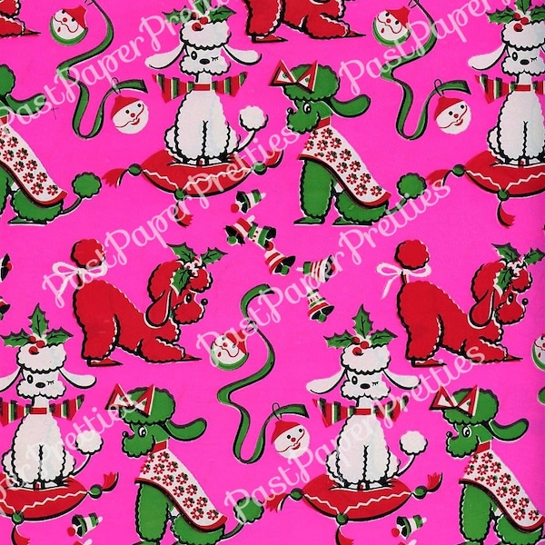 Vintage Printable Christmas Poodle Gift Wrap Bright Pink Retro Wrapping Paper Collage Sheet Instant Digital Download Holiday Dogs Clip Art