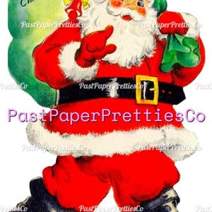 May include: A vintage-style illustration of Santa Claus wearing a red suit with white fur trim, a black belt with a gold buckle, and black boots. Santa carries a large green sack over one shoulder with the text Merry Christmas printed on it.