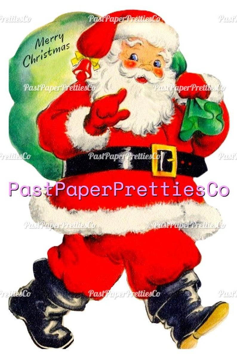 May include: A vintage-style illustration of Santa Claus wearing a red suit with white fur trim, a black belt with a gold buckle, and black boots. Santa carries a large green sack over one shoulder with the text Merry Christmas printed on it.