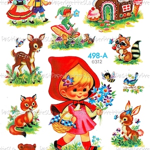 Livre d'histoires rétro vintage pour chambre d'enfant, conte de fées, animaux de la forêt, autocollants imprimables, feuille de collage, téléchargement numérique instantané, Images de journal des années 1980