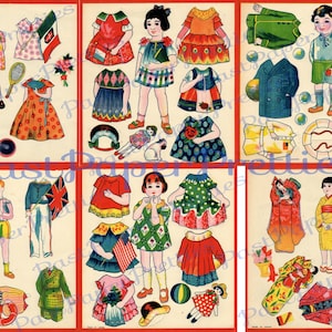 Bonecas de papel japonesas antigas para impressão vintage, folhas de colagem, brinquedos de papel, c. 1930, PDF, download digital instantâneo, bonecas recortadas feitas no Japão