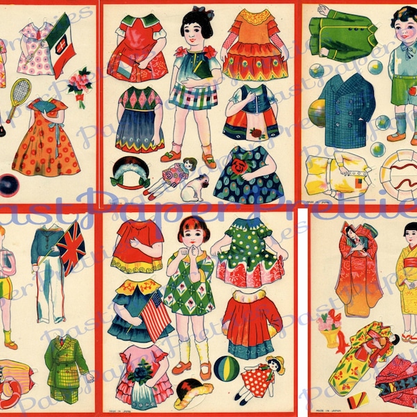 Vintage Printable Antique Japanese Paper Dolls Collage Sheets Paper Toys c. 1930s PDF Instant Digital Download Cut Out Dolls Made In Japan