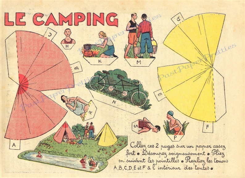 Vintage Camping Szene druckbare Papiermodell Ausschnitte Sofortiger digitaler Download Miniatur Menschen Camping Zelte Diorama 1930er Jahre Papierkunst Bild 2
