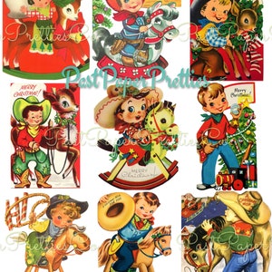 Vintage afdrukbare schattige kerstcowboys collagevellen en volledige kaartafbeeldingen pdf directe digitale download retro western jongens vakantie clipart