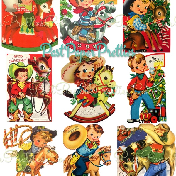 Vintage Printable Cute Christmas Cowboys Collage Sheets & Full Card Images PDF Instant Digital Download Retro Western Boys Holiday Clipart