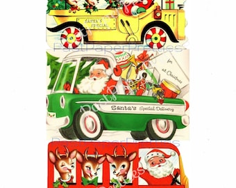Vintage Printable Santas Special Delivery Vehicles Christmas Cards PDF Instant Digital Download Kitsch Mid Century Car Truck Bus Images