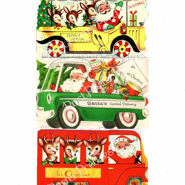 Vintage Printable Santas Special Delivery Vehicles Christmas Cards PDF Instant Digital Download Kitsch Mid Century Car Truck Bus Images