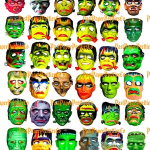 Vintage afdrukbare retro Halloween-kostuum maskers collage beelden pdf instant digitale download kitsch Frankenstein duivel heks hoofden gezichten