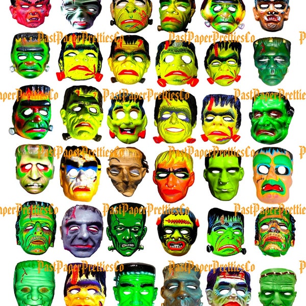 Vintage Printable Retro Halloween Costume Masks Collage Images PDF Instant Digital Download Kitsch Frankenstein Devil Witch Heads Faces