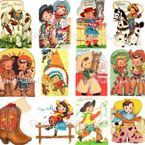 Vintage druckbare Cowboy Cowgirl alles Gute zum Geburtstag Collage Sheets Retro Karte Western Bilder PDF Sofortiger digitaler Download Clipart 2 Größen