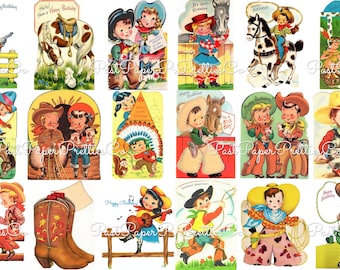 Vintage Printable Cowboy Cowgirl Happy Birthday Collage Sheets Retro Card Western Images PDF Instant Digital Download Clipart 2 Sizes