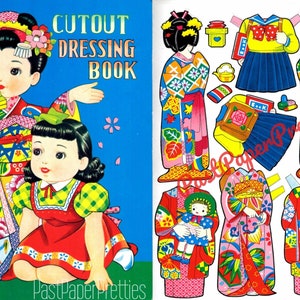 Livro de vestir japonês recortado vintage para impressão, folhas de colagem de bonecas de papel, brinquedos de papel fofos kawaii, PDF, download digital instantâneo, 8 folhas