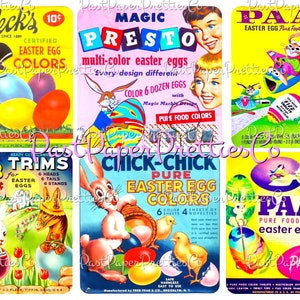 Kit para colorear huevos de Pascua antiguos, imágenes frontales de la caja, hojas de collage, 24 diseños, 2 tamaños, PDF imprimible, descarga digital instantánea, paquetes de tintes retro