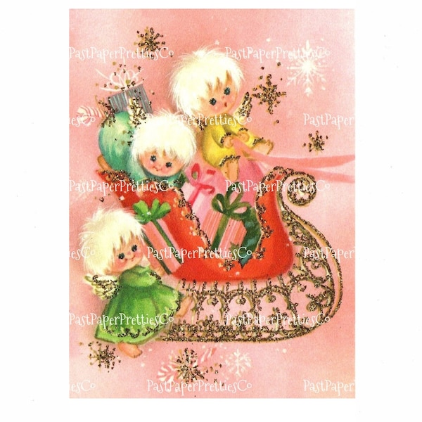 Vintage Mod Angel Kids Glittery Glam Pink Sleigh Card Image Printable Card MCM Retro 1970s PDF Instant Digital Download Kitschmas Clipart