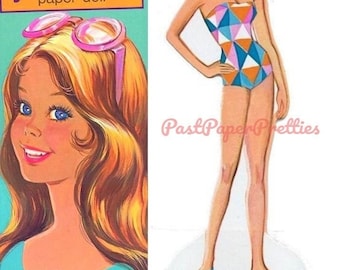 Lalki papierowe w stylu vintage Malibu Francie ok. 1976 r. Do druku w formacie PDF. Natychmiastowe pobieranie cyfrowe. Dziecięca zabawka, lalka modowa i ubranka. Grafika wektorowa Z1