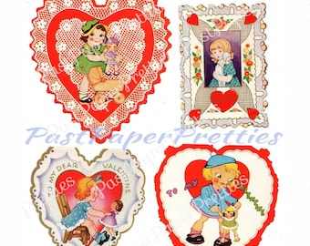 Vintage imprimible tarjetas del día de San Valentín 4 niñas y sus muñecas Hoja de collage PDF Descarga digital instantánea 300 dpi JPEG PNG
