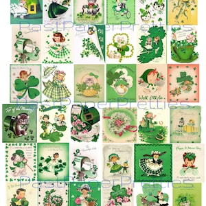 45 ヴィンテージ セント パトリックス デー カード画像 キッチュ 子供 動物 シャムロック コラージュ シート 印刷可能な PDF インスタント デジタル ダウンロード ATC サイズ