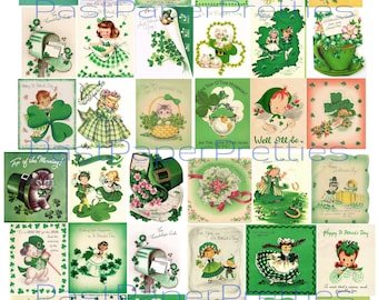 45 Vintage St. Patricks Day Card Images Kitsch Children Animals Shamrocks Collage Sheets Printable PDF Instant Digital Download ATC Size