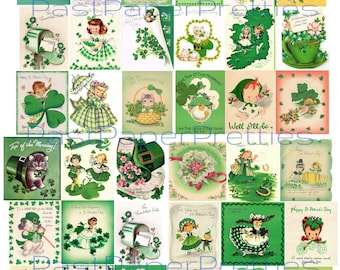 Vintage St. Patricks Day Card Images Kitsch Children Animals Shamrocks Collage Sheets Printable PDF Instant Digital Download ATC Size