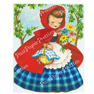 Vintage afdrukbare Roodkapje Happy Birthday wenskaart afbeelding Instant digitale download Kitsch schattig mooi meisje illustraties