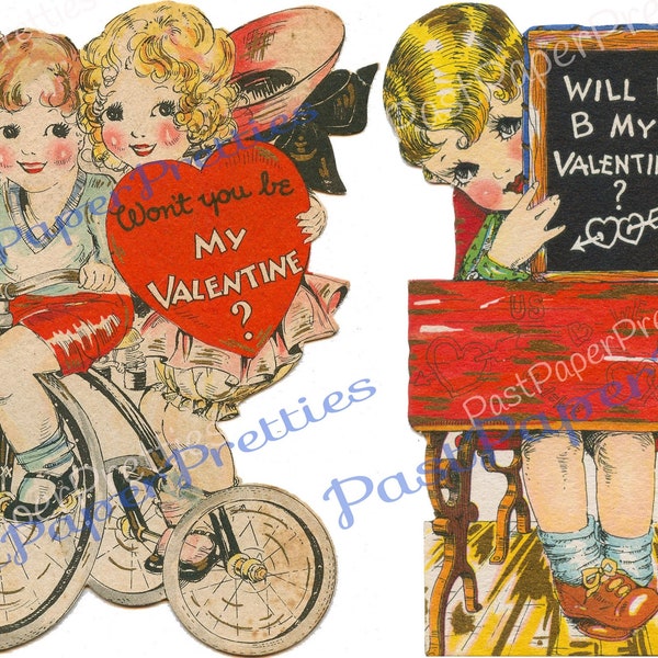 Vintage Antique Printable Art Deco Valentines Card Images c. 1930s Instant Digital Download Adorable Children Boy Girl Clip Art 300 dpi