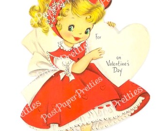 Vintage Printable Valentine Card Cute Coy Pretty Little Girl Image Red Dress Bonnet c. 1950s Instant Digital Download 300 dpi