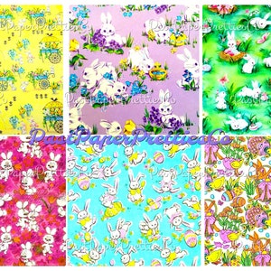Pacote com 6 designs de papel de embrulho para presente de Páscoa para impressão vintage, folhas de colagem de papel de embrulho retrô para primavera, PDF, download digital instantâneo, coelhinhos MCM