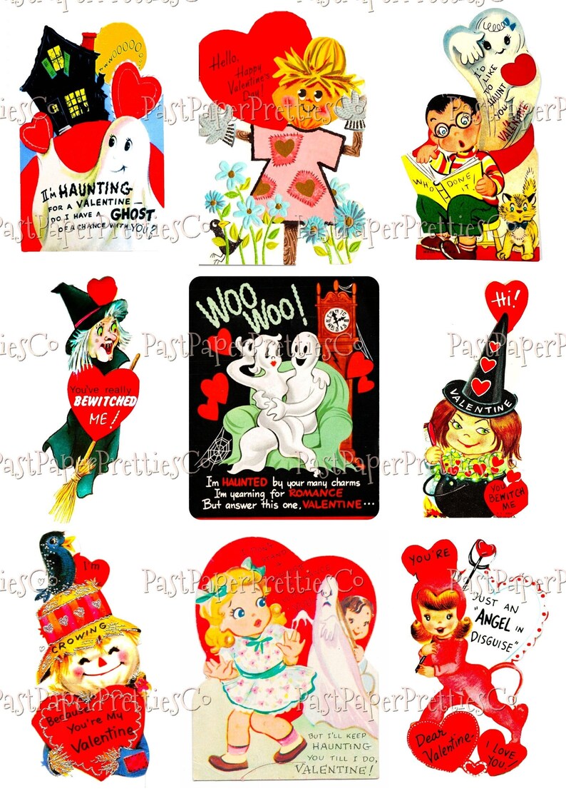 May include: A collection of vintage Valentine's Day cards featuring ghosts, witches, scarecrows, and other whimsical characters. The cards are decorated with hearts, flowers, and other festive elements. The text on the cards includes messages like "I'm haunting for a Valentine", "You've really bewitched me", and "I'm yearning for romance".