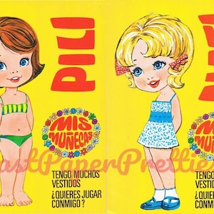 Muñecas de papel antiguas Tengo muchos vestidos Lindas Pili y Nati Chicas españolas Descarga digital instantánea PDF imprimible c. 1970s Portugal