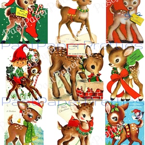 Vintage afdrukbare kerst retro rendieren collage blad & volledige kaarten pdf instant digitale kitsch kawaii herten vakantie dieren clipart 300 dpi
