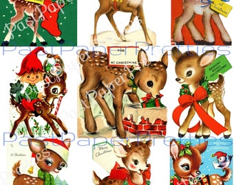 Vintage Printable Christmas Retro Reindeer Collage Sheet & Full Cards PDF Instant Digital Kitsch Kawaii Deer Holiday Animals Clipart 300 dpi