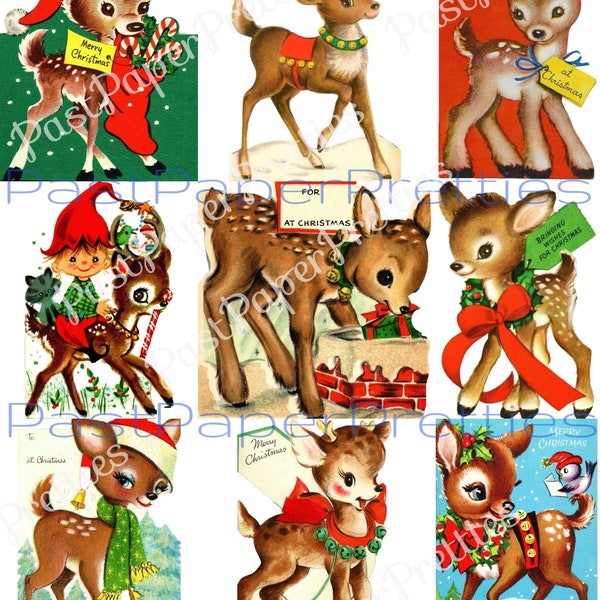 Vintage Printable Christmas Retro Reindeer Collage Sheet & Full Cards PDF Instant Digital Kitsch Kawaii Deer Holiday Animals Clipart 300 dpi