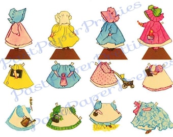 Vintage Printable Sunbonnet Sue Paper Dolls Stickers Collage Sue Instant Digital Download Kitsch Little Country Prairie Ladies Clip Art
