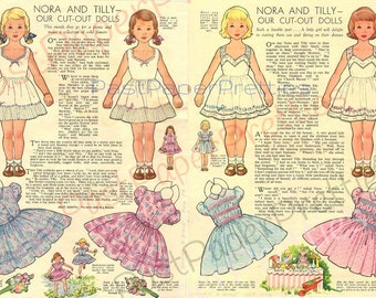 Vintage Paper Dolls Nora and Tilly c. 1956 Printable PDF Instant Digital Download Cute Girls Frilly Feminine Dresses Woman and Home Journal