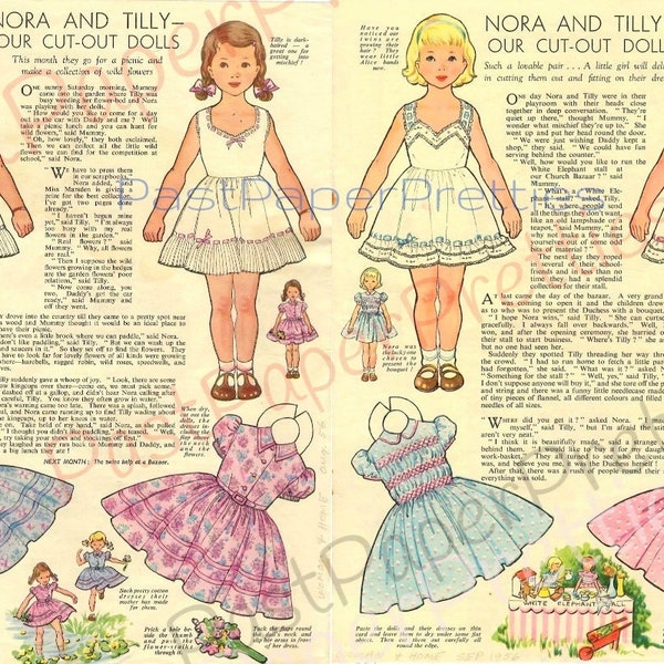 Vintage Paper Dolls Nora and Tilly c. 1956 Printable PDF Instant Digital Download Cute Girls Frilly Feminine Dresses Woman and Home Journal