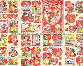 May include: A vintage sheet of 40 Valentine's Day stickers featuring illustrations of children, animals, and hearts. The stickers are printed on white paper with red and pink accents. The text "40 Valentines" is printed in red at the top of the sheet.