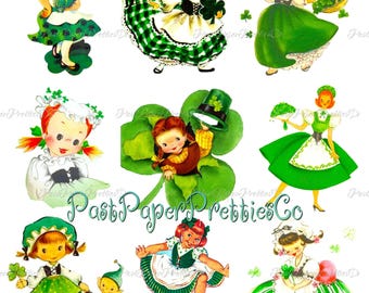 Vintage Happy St. Patricks Day Pretty Irish Girls Lasses Collage Sheet Images Printable PDF Instant Digital Download Cute Cailíns Colleens
