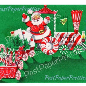 Imagen de tarjeta navideña con diseño de Papá Noel, tren expreso con bastones de caramelo, descarga digital instantánea retro de los años 1940, imágenes prediseñadas kitsch de mediados de siglo