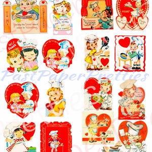48 Cartões de Dia dos Namorados de Culinária Vintage Bonitos Chefs Padeiros Folhas de Colagem de Assados PDF para Impressão Download Digital Instantâneo Cozinha Retro Temática